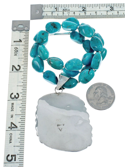 Navajo Turquoise Sterling Silver Bead Necklace And Pendant Set X10851